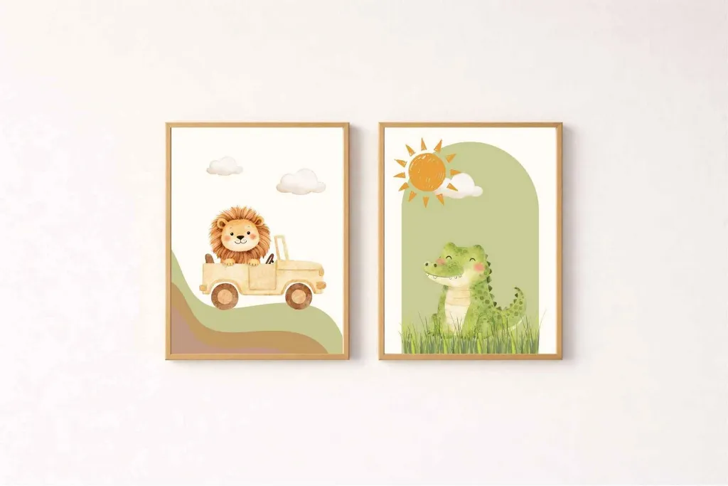 affiche-murale-decoration-enfant-diptyque-animaux-savane-2.webp